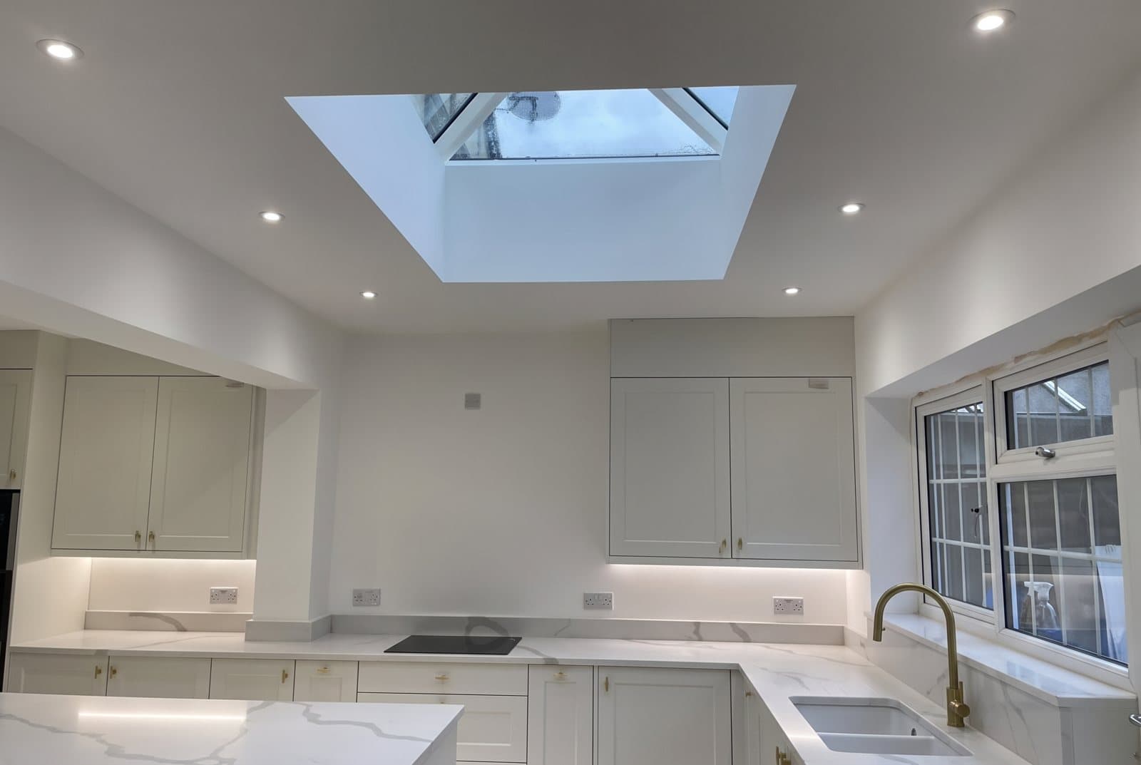 A kitchen under a roof lantern
