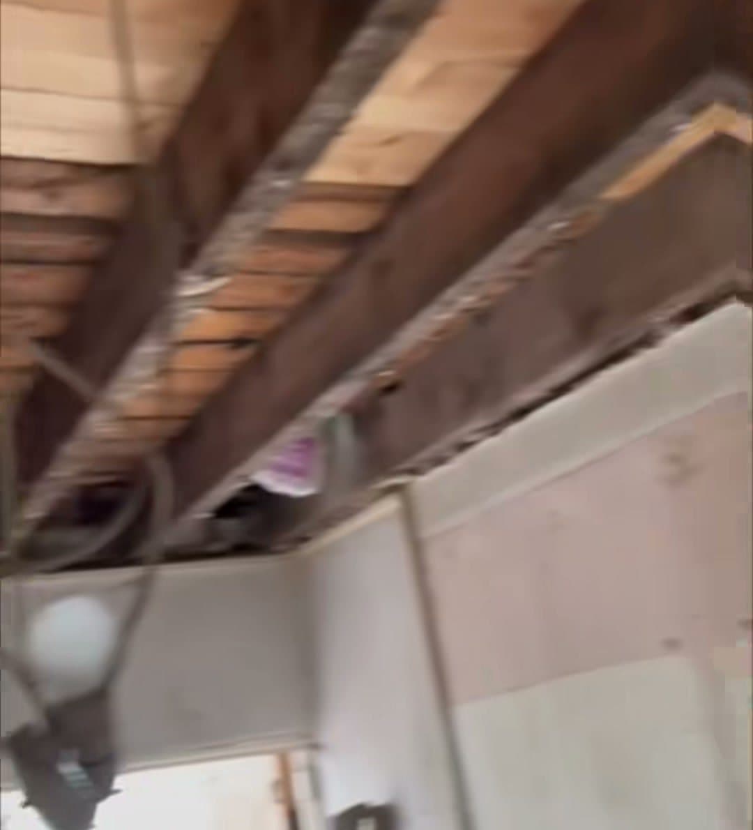 A ceiling taken down to the joists during a renovation